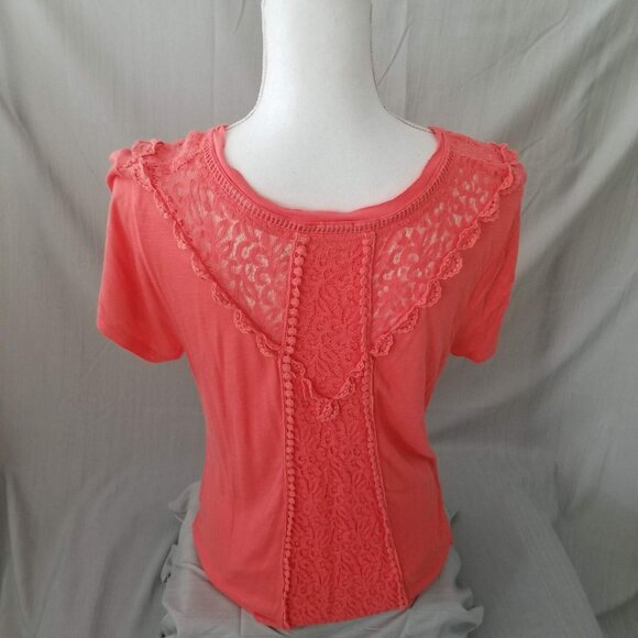 Cato Womens Coral Lace Accent V-Neck Short Sleeve Top Size L - Picture 2 of 4